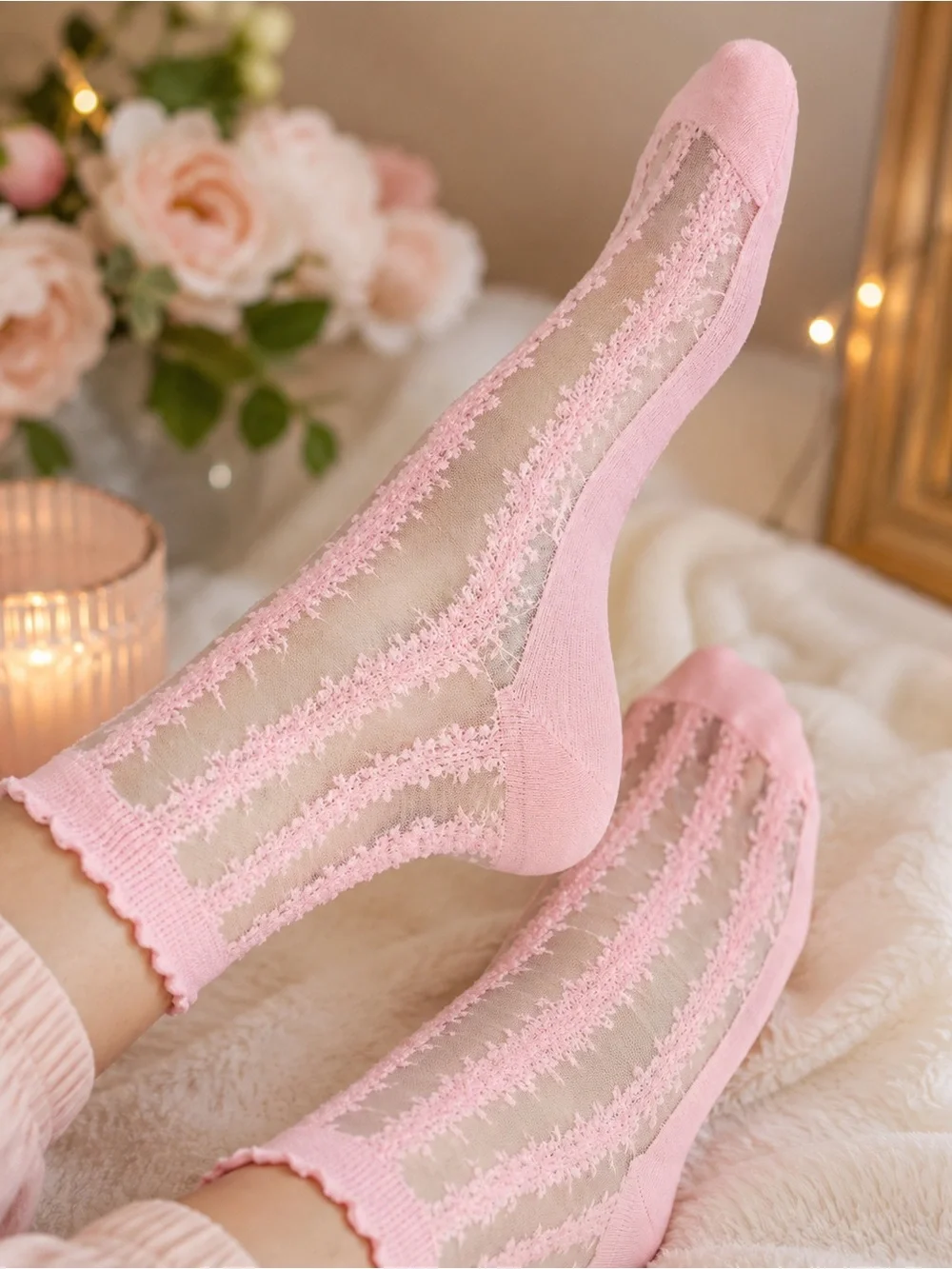 POL Pink Sheer Lace Socks Brand New